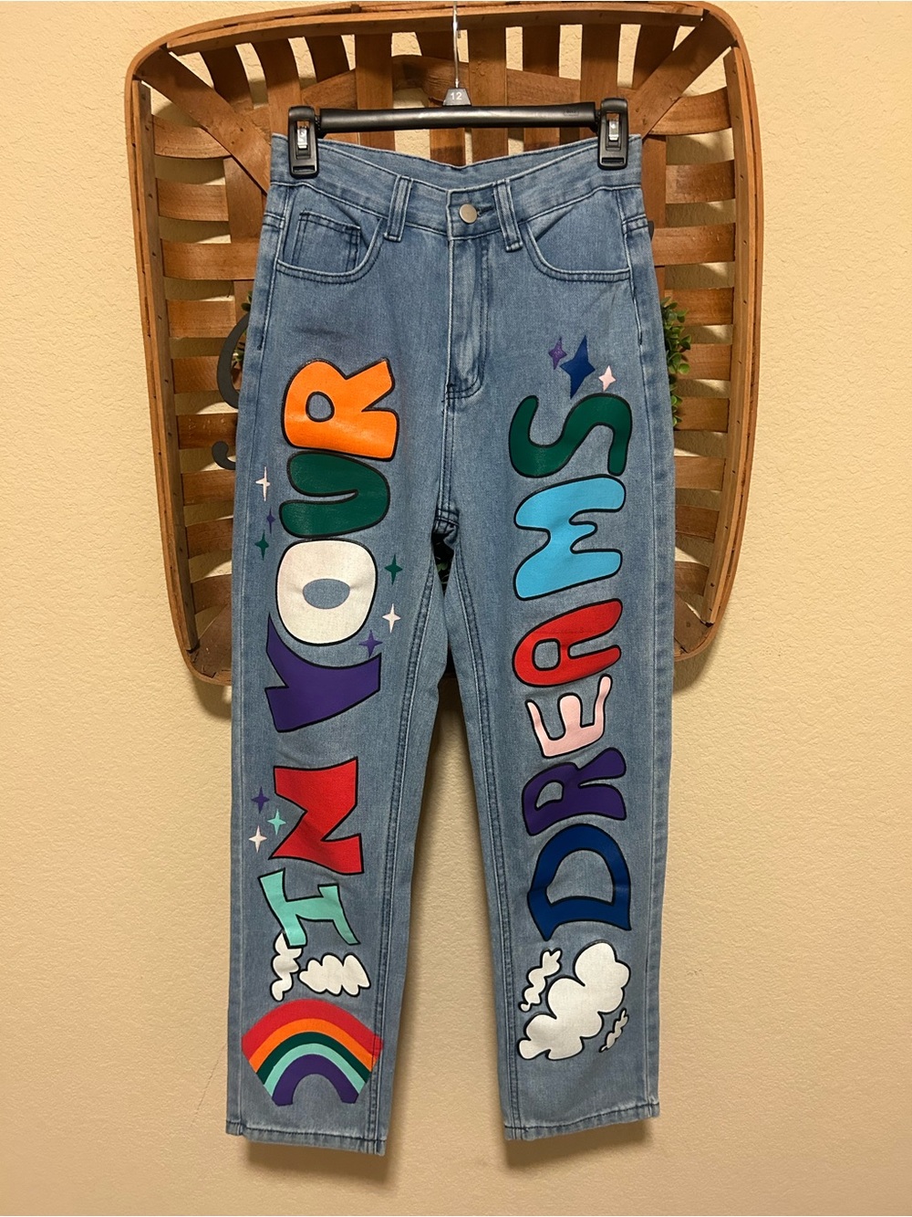 Colorful 'Follow Your Dreams' Graphic Denim Jeans 26W x 28L